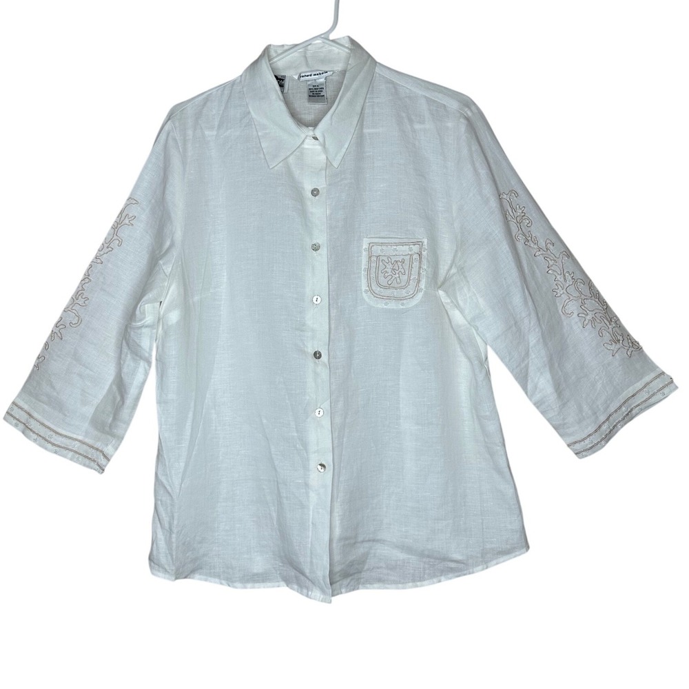 Richard Malcolm 100% Irish Linen Shirt XL Embroidered Beaded 3/4 Sleeve‎ Beach